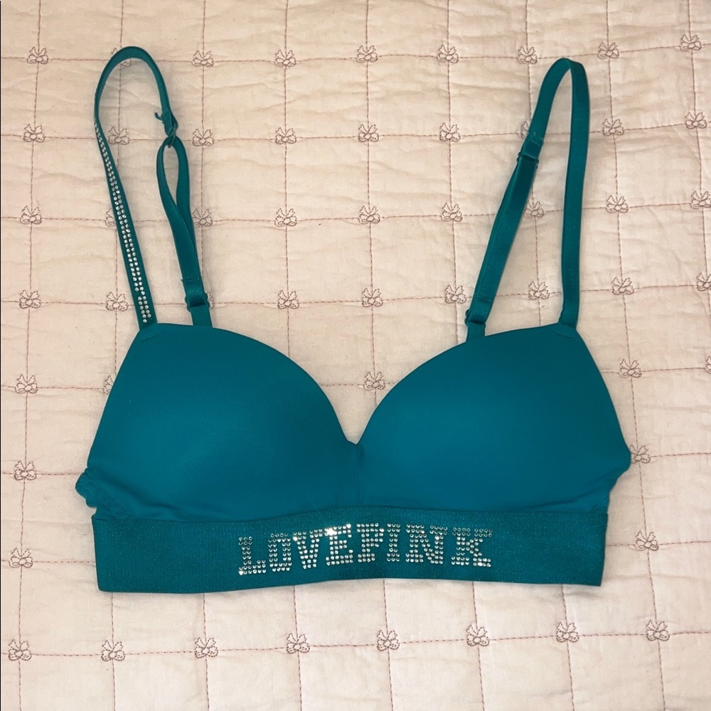 PINK Victoria's Secret Turquoise Bra with Rhinestone Detail - Picture 2 of 6